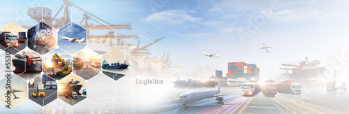 Smart logistics and transportation Concept, Transportation and logistic network distribution growth. Container cargo ship and trucks of industrial cargo freight for import export industrail background