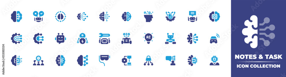 Artificial intelligence icon collection. Vector illustration. Containing artificial intelligence, ai, decision, brain, maintenance, robot, bot, connection, virtual reality, assistant, machi, and more. - obrazy, fototapety, plakaty 
