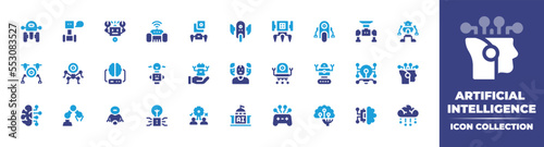 Artificial intelligence icon collection. Vector illustration. Containing robot, lawnmower, specification, nanobot, machine learning, brain, drone, human resources, intellect, robot arm, rob, and more.