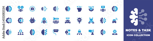 Artificial intelligence icon collection. Vector illustration. Containing artificial intelligence, ai, decision, brain, maintenance, robot, bot, connection, virtual reality, assistant, machi, and more.