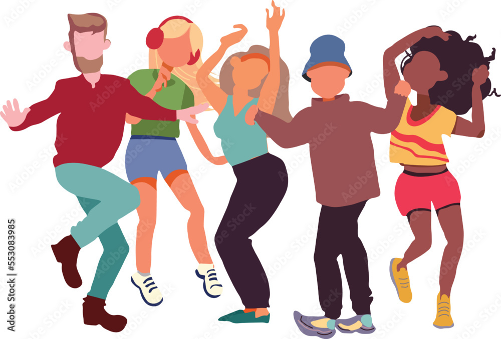 Group young happy dancing people male and female 
 isolated on transparent png background eps. Fashionable with colorful clothes for dance party illustration vector