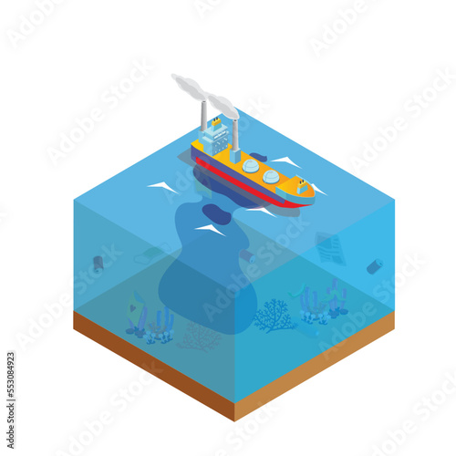 Ecological disaster in the ocean, oil leakage from the ship tanker isometric 3d vector illustration concept for banner, website, illustration, landing page, flyer, etc.
