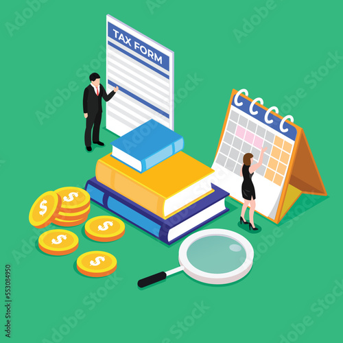 Account books, magnifying glass, pile of coins. Male boss and female accountant isometric 3d vector illustration concept for banner, website, illustration, landing page, flyer, etc.