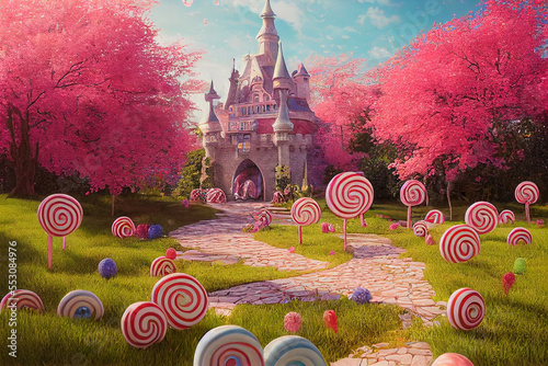 Fairytale landscape full with candy tree in splendid dream-like setting. Generative AI. 