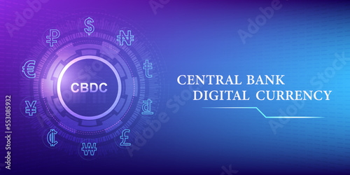 Central bank digital currency CBDC, futuristic digital currency on tech color background. It uses blockchain technology to create a new, simpler and more cost-effective payment method. EPS10vector.


