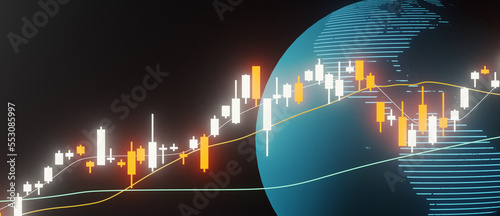 financial stock chart and global earth background, 3d rendering