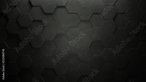 Dark Concrete Hexagon Tiled Wall With Spotlight (3d Illustration)