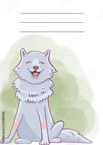 A page for a glider with a forest animal. Watercolor wolf.