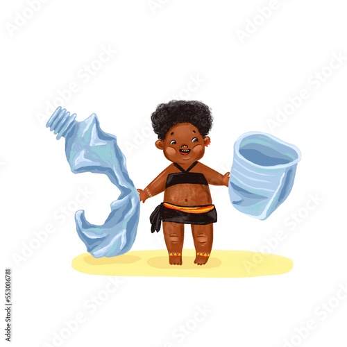 Children collect plastic. Environmental pollution by plastic.