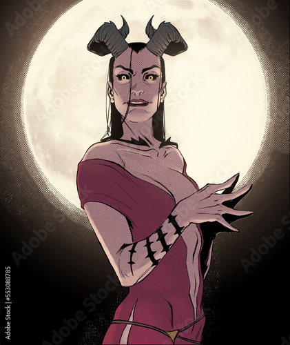 demonic woman with horns and the full moon behind photo