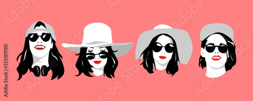 icon set of portraits of beautiful women in glasses, different hairstyles, wearing hats. silhouette vector design.