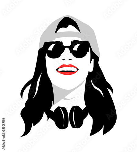 portrait of a beautiful girl with long hair and wearing a backwards hat, glasses and headphones around her neck. happy laugh. vector design. silhouette. isolated white background.