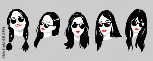 icon set of portraits of beautiful girls with glasses and long hair, pigtail. silhouette vector design.