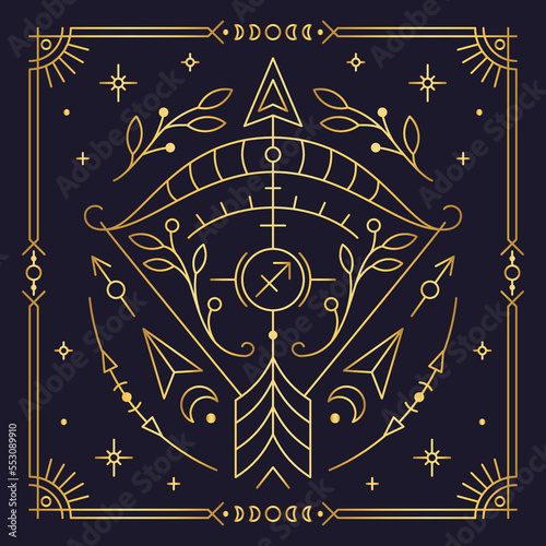 Sagittarius zodiac astrological horoscope golden sign dark navy card. Stylized Archer symbol of esoteric, zodiacal astrological calendar, horoscope constellation thin line vector illustration