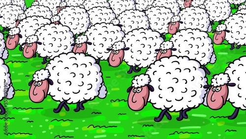 Sheep white cartoon characters herd walking second stage version. Plenty white sheep neverending walking seamless loop wallpaper. Easter, spring, farming, grass, happiness kid animation.
 photo