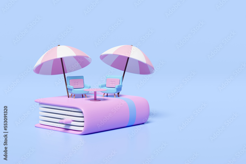 3d book with coffee table, sofa chair, umbrella isolated on pink background. summer vacation concept, 3d render illustration, clipping path
