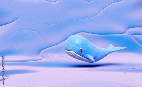 3d blue whale from plasticine isolated on blue background. whale clay toy icon concept, 3d render illustration, clipping path