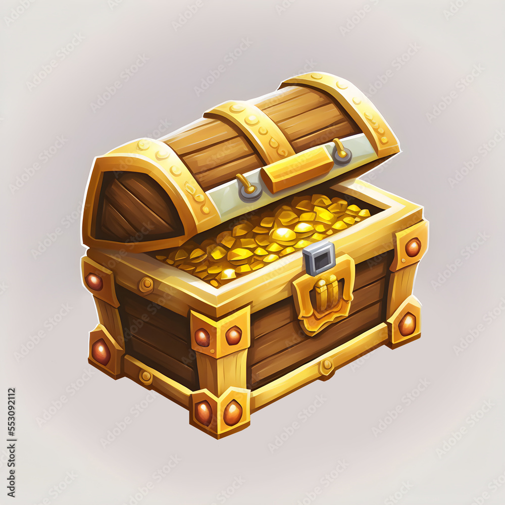 This isometric illustration depicts a treasure chest filled with gold ...