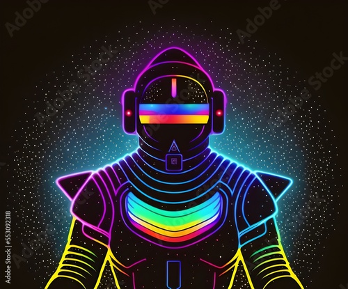 This space-themed neon light art depicts an astronaut with a futuristic design. The astronaut is floating in a starry void with streaks of color and other cosmic shapes