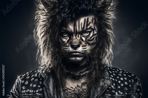 A realistic illustration of a rockstar man cat using a leather jacket.