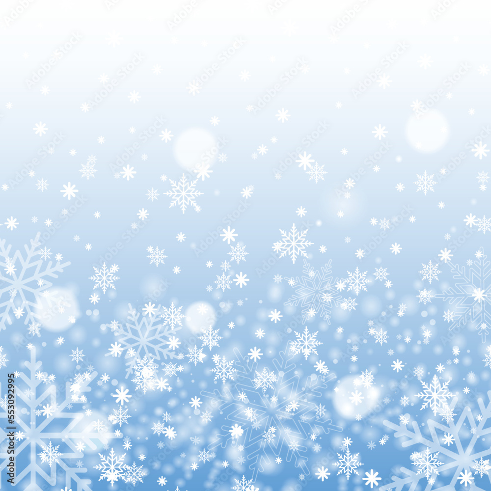 Christmas and Happy New Year background with falling snowflakes on blue sky. Vector