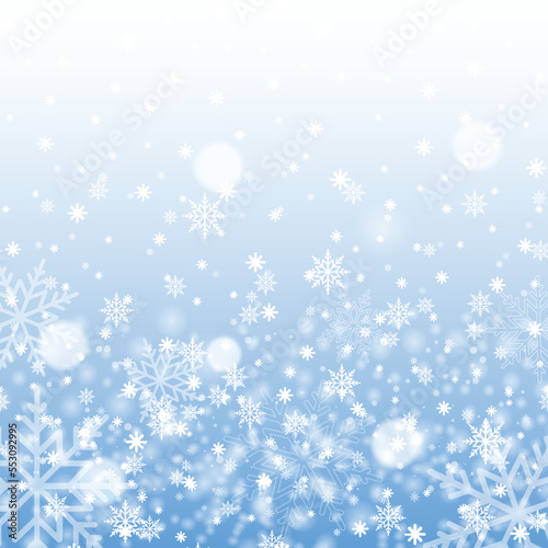Christmas and Happy New Year background with falling snowflakes on blue sky. Vector