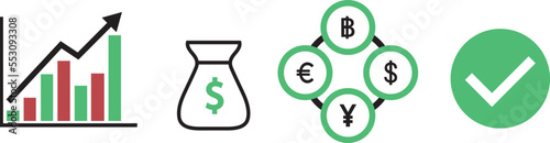 Finance icons. Business Icons, money signs. Money silhouette collection. Wallet with cards icon. Coins silhouette icon. Growth chart. Moneybag or stash.