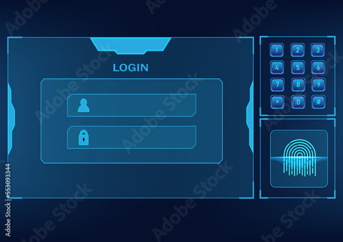 abstract screen technology has a numeric keypad and security system with fingerprint scanning for login into the system on a blue gradient background