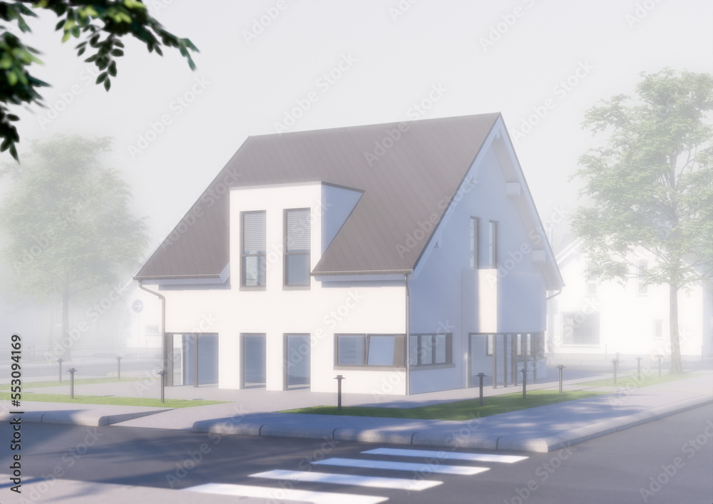 3D RENDERING OF FOGGY MODERN HOUSE WITH TREES IN COLOUR