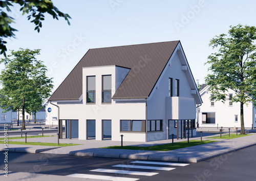 3D RENDERING OF MODERN HOUSE WITH TREES IN COLOUR