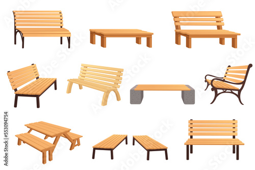 Set of wooden bench with steel wood or concrete legs outdoor park furniture vector illustration isolated on white background