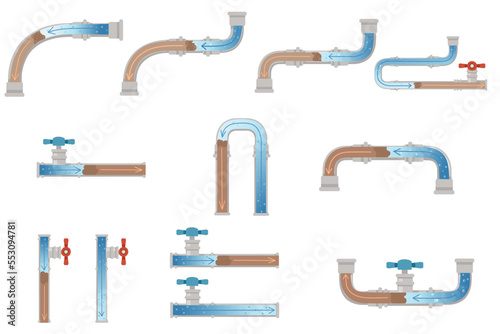 Set of Cleaning water pipe with chemical agent unclogging process vector illustration isolated on white background