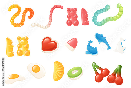 Set of colored jelly gummy candy worm bear heart cherry vector illustration isolated on white background