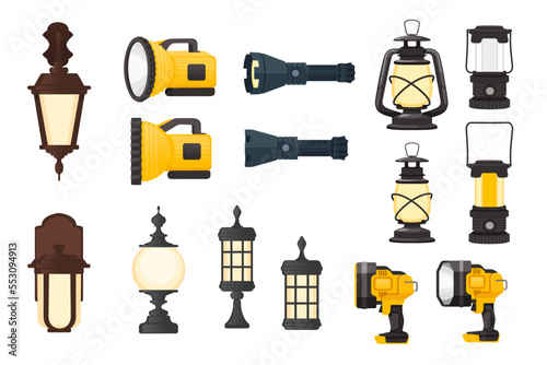 Set of modern flashlight and retro style street lamps vector illustration isolated on white background