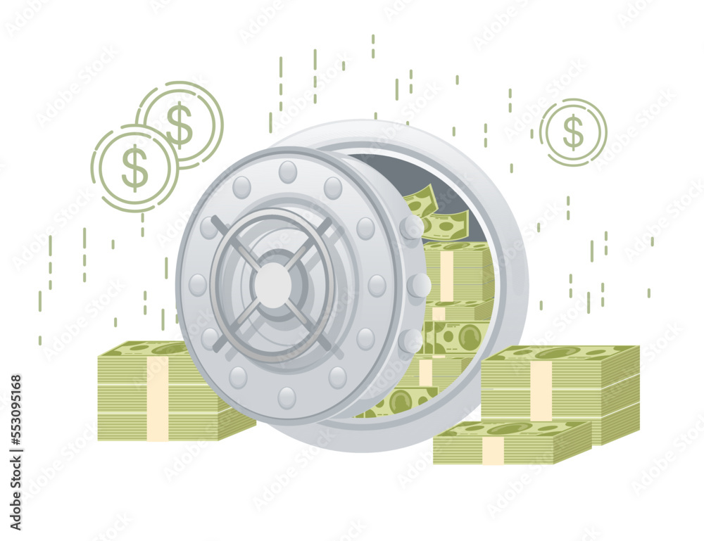 Fototapeta premium Armored steel safe with password lock silver color vector illustration on white background with dollars