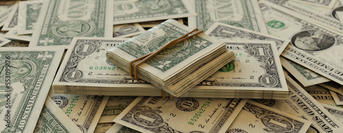 Bundles of One Dollar Bills on Scattered Banknotes. Finance concept.