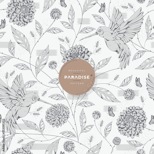 beautiful minimalist paradise floral with bird pattern template