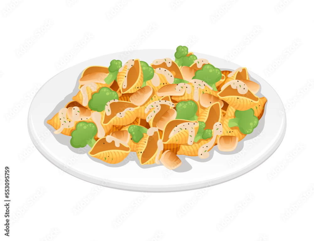 Ready for eat dish italian pasta Conchiglie cuisine staples with meat broccoli and sauce vector illustration on white background