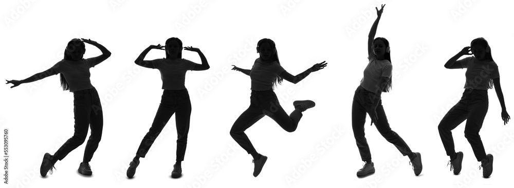 Collection of female hip-hop dancer's silhouettes on white background Collection of female hip-hop dancer's silhouettes on white background