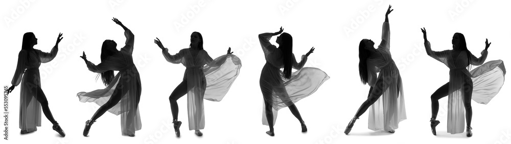 Collection of young ballerina's silhouettes on white background - obrazy, fototapety, plakaty 