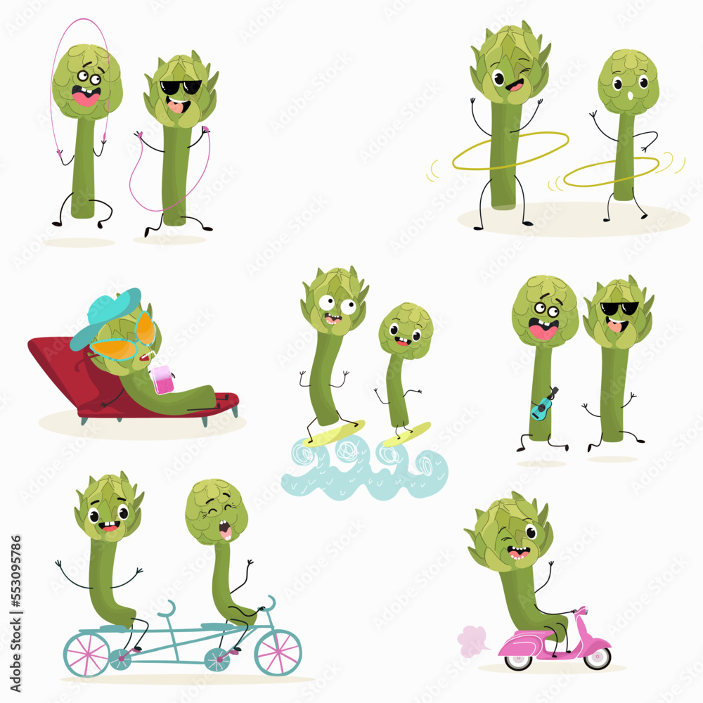 Obraz premium Illustration with funny artichoke character. Funny and healthy food. Vitamins contained in the artichoke. Food with a cute face. Vector cartoon.