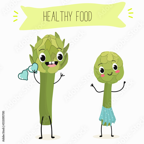 Illustration with funny artichoke character. Funny and healthy food. Vitamins contained in the artichoke. Food with a cute face. Vector cartoon.