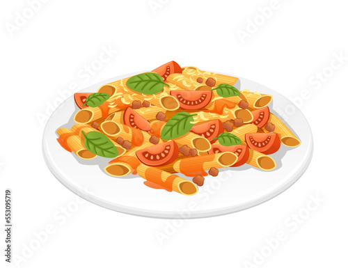Ready for eat dish italian pasta cavatappi penne staples with tomato oregano and meat vector illustration on white background