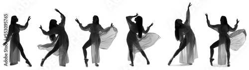 Print op canvas Collection of young ballerina's silhouettes on white background