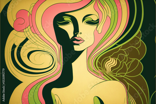 Abstract illustration of the female form. Beautiful retro woman with vintage style. Colorful background design with 1960 era vibe. Created with generative AI.  