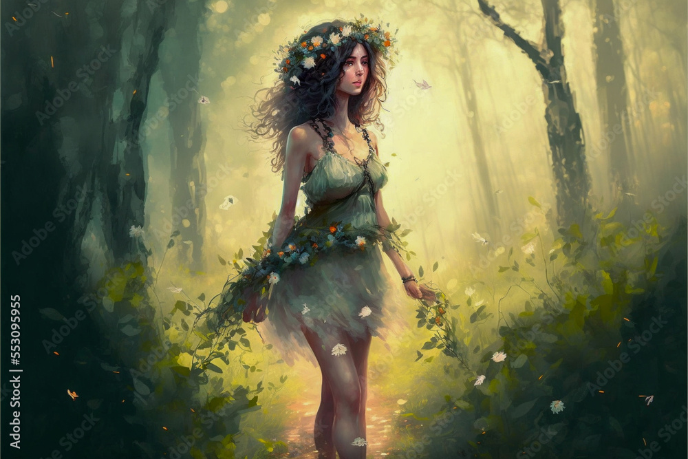 Painting of ethereal woman in a forest wearing a floral crown. Created ...