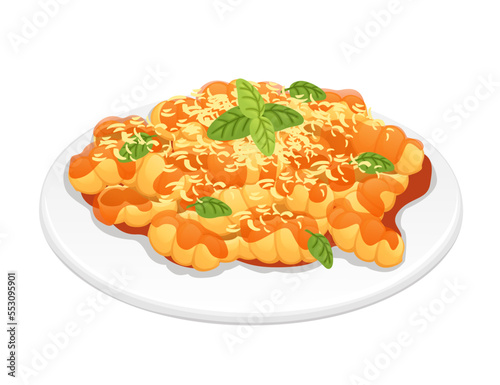 Ready for eat dish italian pasta gnocchi cuisine staples with vector cheese and sauce illustration on white background