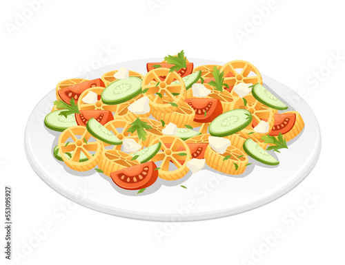 Ready for eat dish italian pasta rotelle cuisine staples with tomato cucumber and feta cheese vector illustration on white background