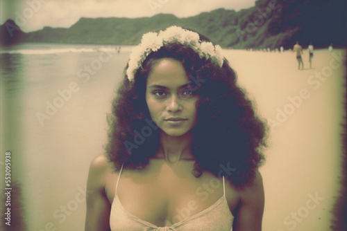 Vintage photo of beautiful Polynesian woman on a tropical Tahiti island beach. Created with generative AI. 