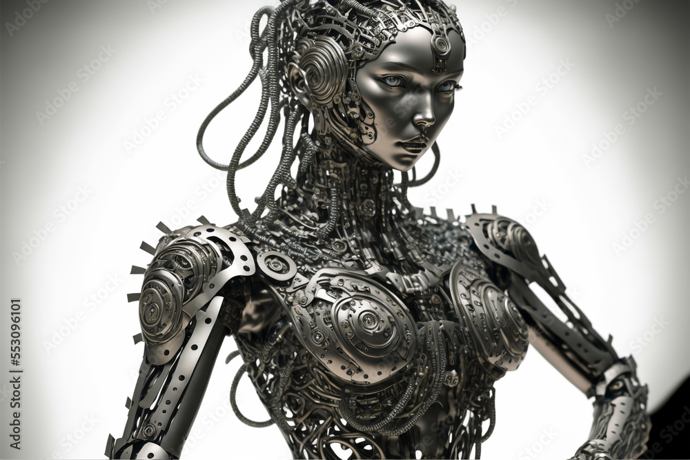 Robot woman in human form. Mechanical parts with metal frame, strong, intense durable, artificial intelligence. Created with generative AI. 